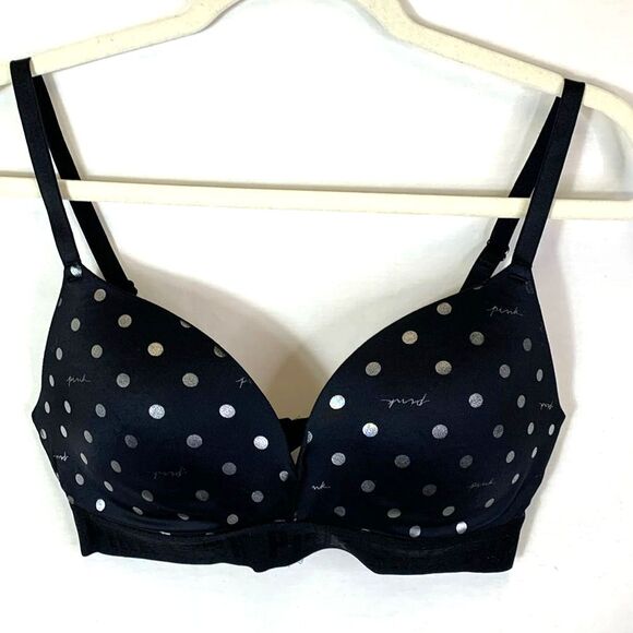 PINK Victoria’s Secret Black Silver Dot Detail Wireless Push-Up Bra Size 36C - Picture 1 of 8
